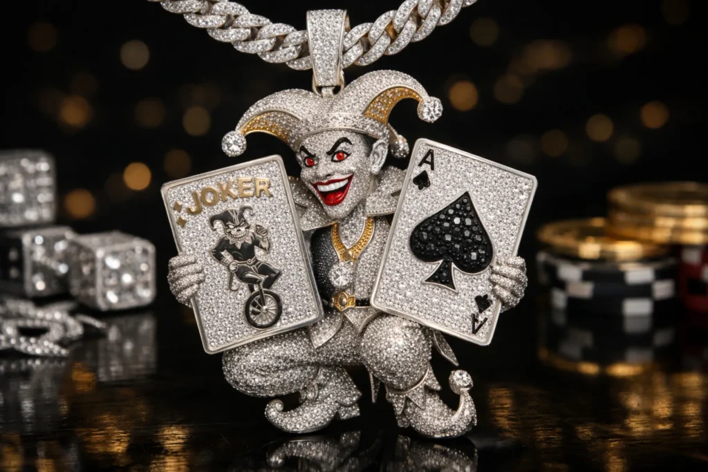 big joker playing cards inwhite gold jewelry